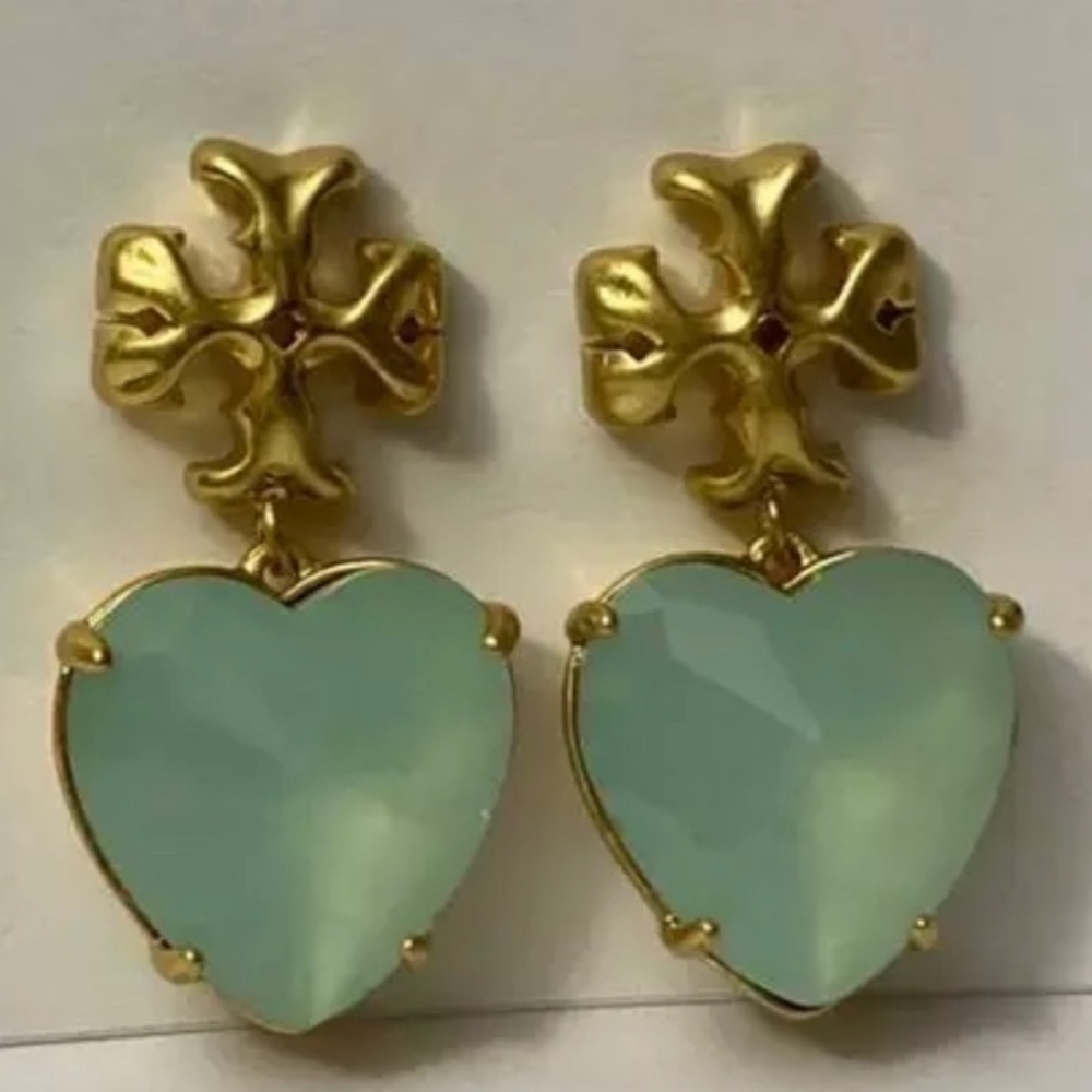 Tory Burch Authentic Roxanne Gold & Crystal Heart Earrings Soft Mint Green NWOT - Picture 9 of 11